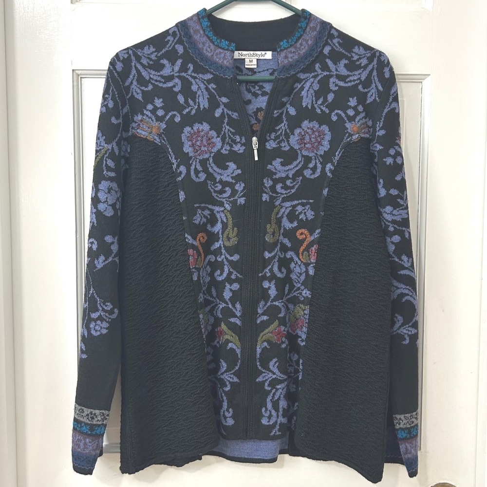 NorthStyle Peruvian Floral‎ Alpaca Zip Cardigan M Textured Filigree Embroidered